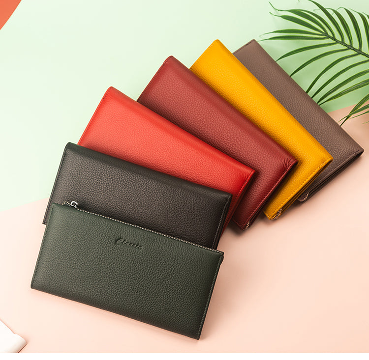 Zipper Unisex Lychee Cowhide Leather Wallets