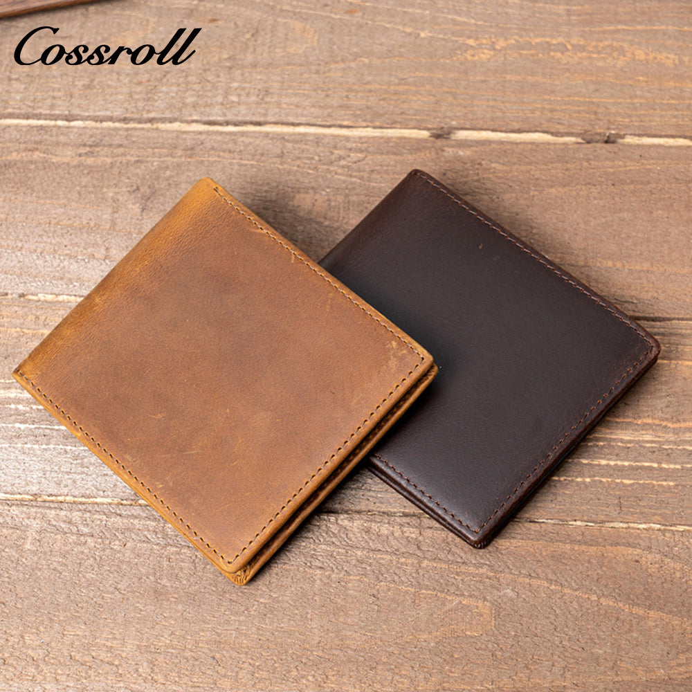 Top-grain crazy horse leather short wallet, vintage men's casual cowhide card and cash holder