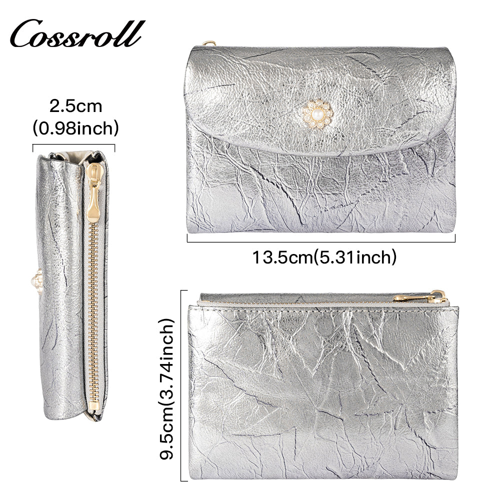 New style first layer cowhide printed bright color coin purse ladies multi-function button wallet