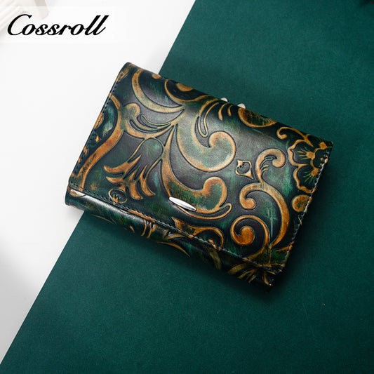 Factory custom 2023 fashion vintage pattern purse women's long and short leather purse holding large capacity wallet