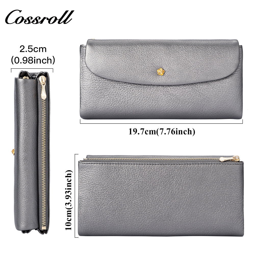 Women's cross-border genuine leather wallet with gold floral decoration, long vintage glossy design, large capacity with multiple card slots