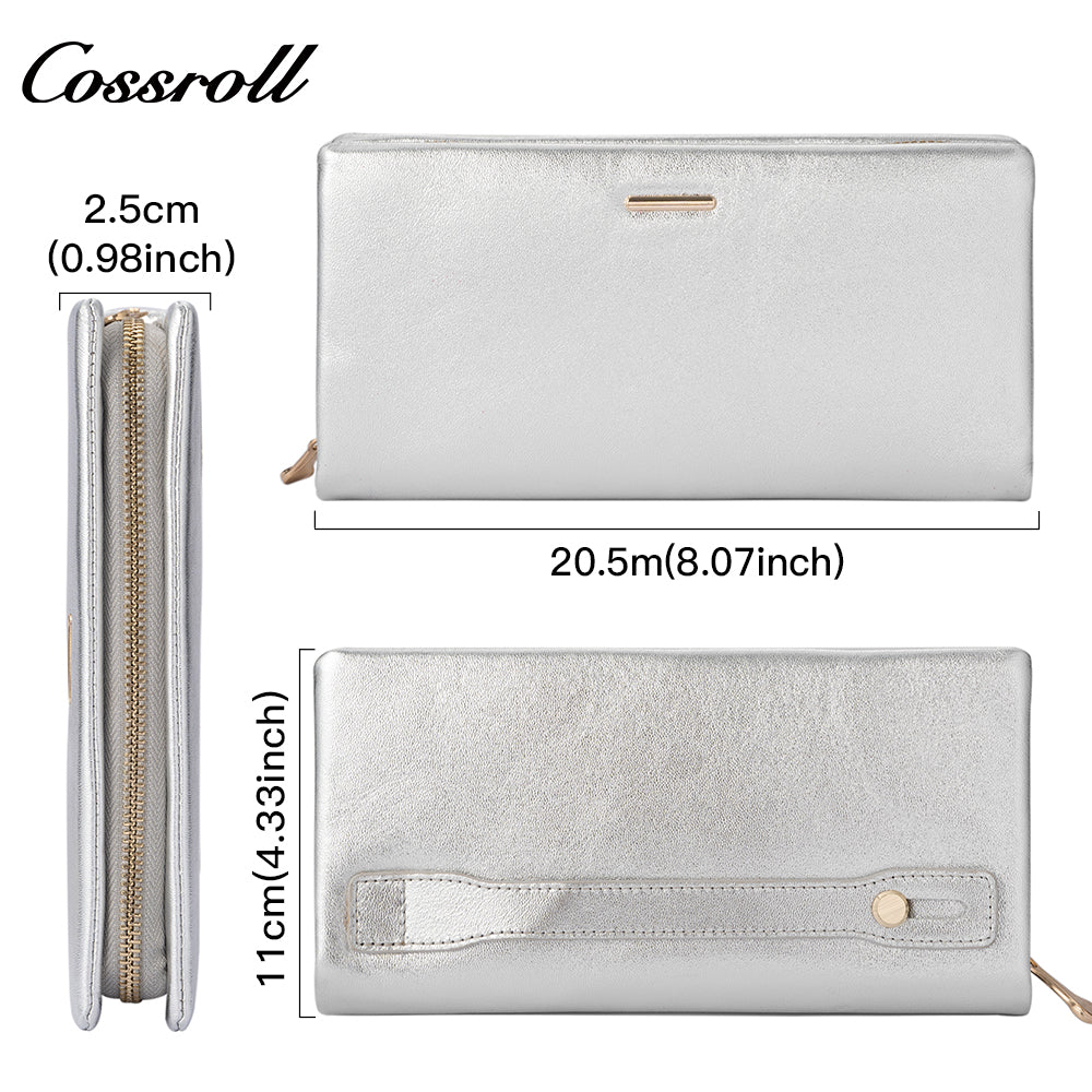 Women's genuine leather wallet, glossy leather, large-capacity double-layer stylish zippered bill wallet