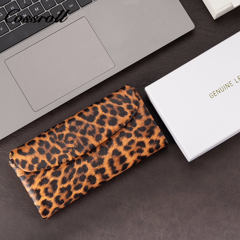Women's Leopard Print Long Wallet with Large Capacity and Soft Leather Texture