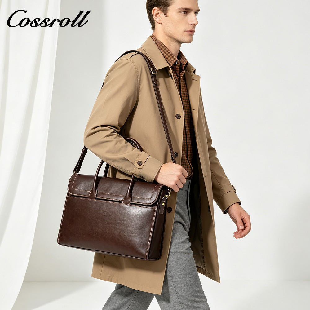 Men's Full Grain Leather Briefcase, Large Capacity Flap Laptop Handbag, Genuine Leather Business Commute Office Bag