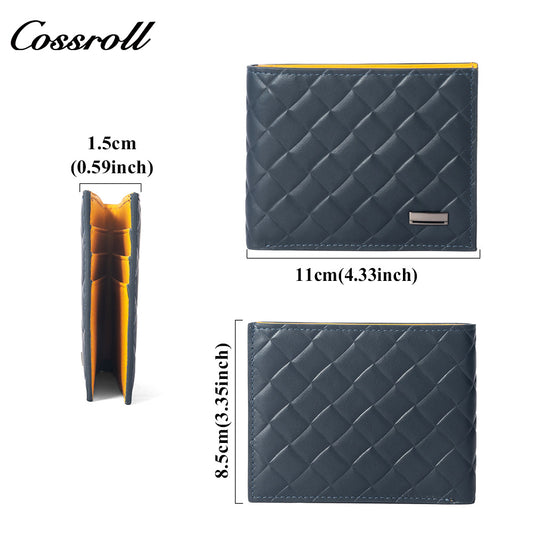 Diamond Quilted Embossed Genuine Leather Men's Wallet, Slim Business Bifold Purse with Contrast Bright Yellow Lining