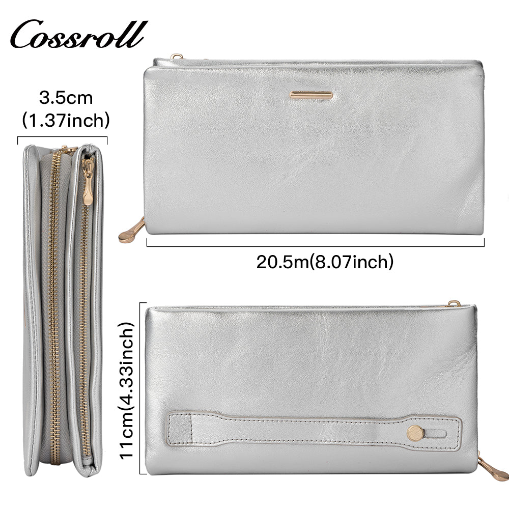 Genuine leather wallet for women, shiny leather, double-layer stylish bill wallet with zipper