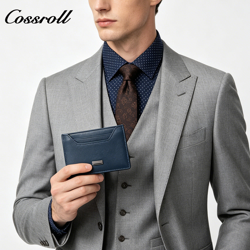 Solid Navy Genuine Leather Card Holder, Slim Multi-Slot Cowhide Card Case, Portable Mini ID Card Organizer