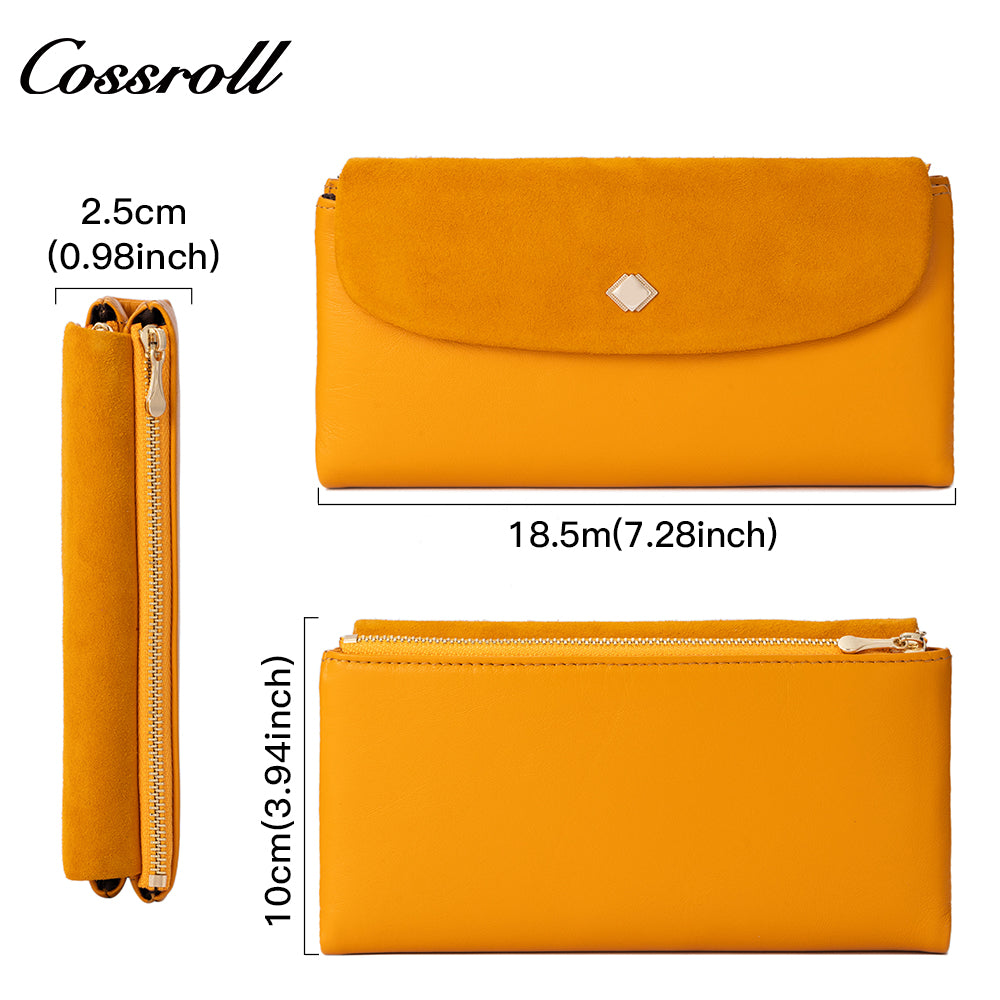 Women's long wallet with multiple card slots, coin purse, suede zipper, US dollar compartment