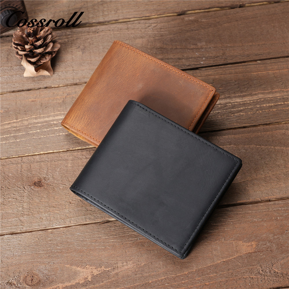 Men's Crazy Horse Leather Wallet, Top-Grain Cowhide, Tri-Fold Wallet