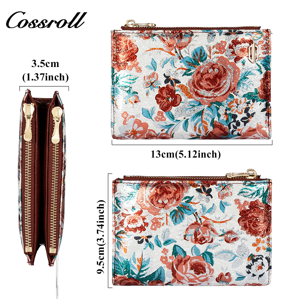 Genuine Leather Printed Chinese Style Short Women's Double Zipper Wallet Multi Card Position Coin Purse