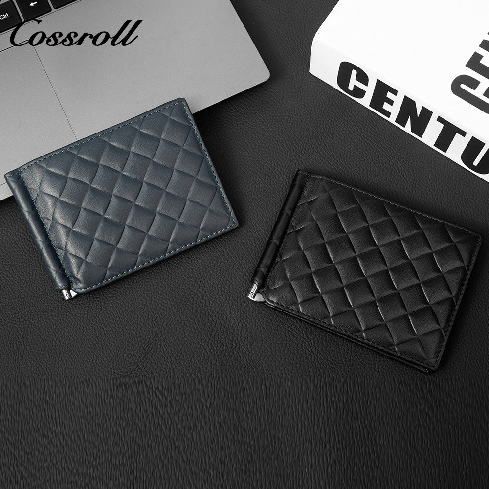 Men's Diamond Quilted Genuine Leather Money Clip Wallet, Ultra Slim Bifold Multi-Slot ID & Card Holder