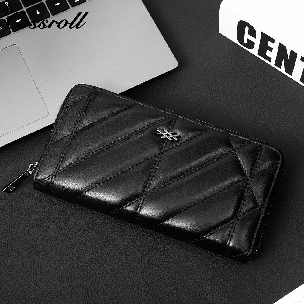 Women's Diagonal Quilted Long Zip Around Wallet, Genuine Leather Large Capacity Multi Card Slots Hand Purse, All-in-One Bag for ID Cards & Coins