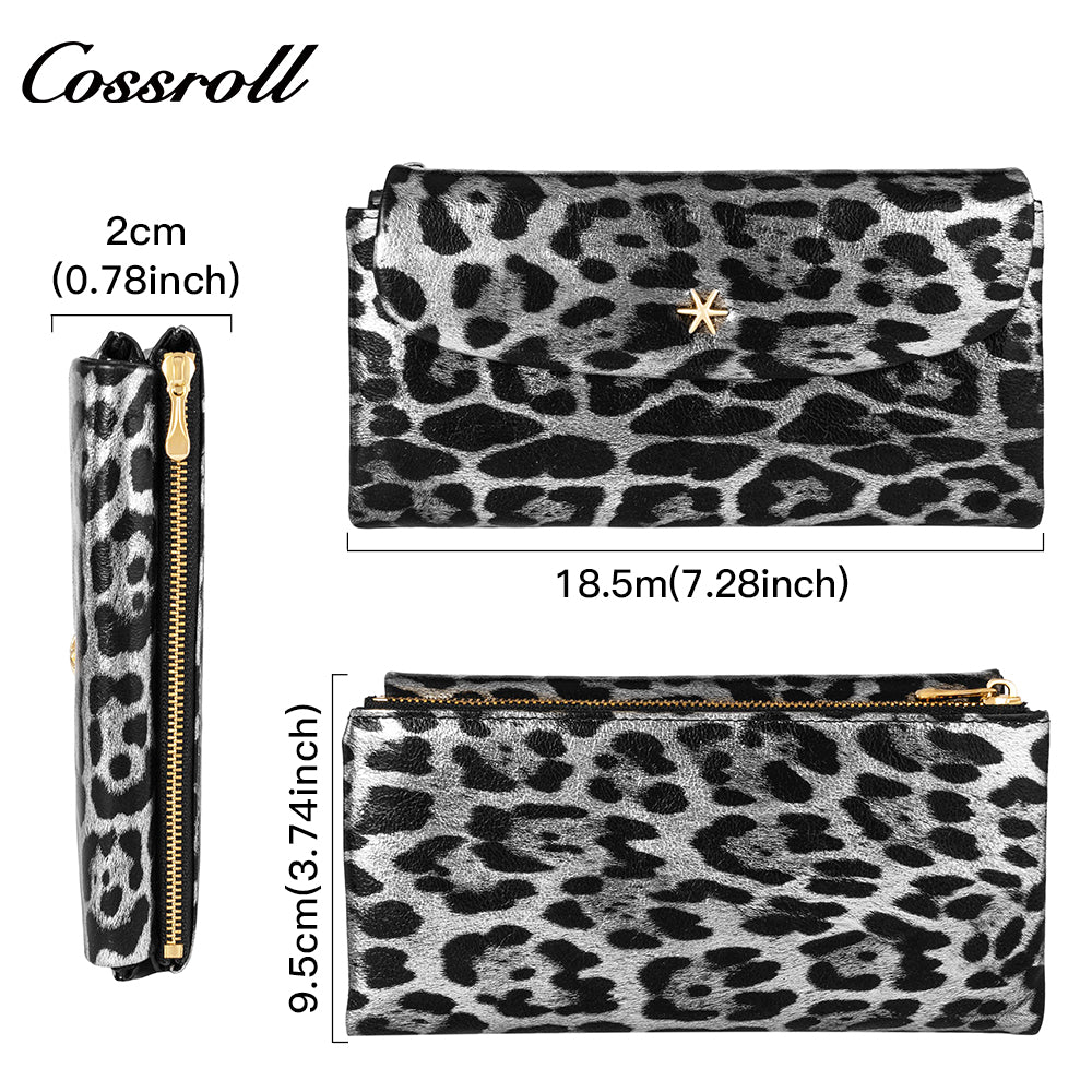Pure cowhide long hand purse to put mobile phone Omnimatch 2024 new fashion leopard leather multi-card bill clip
