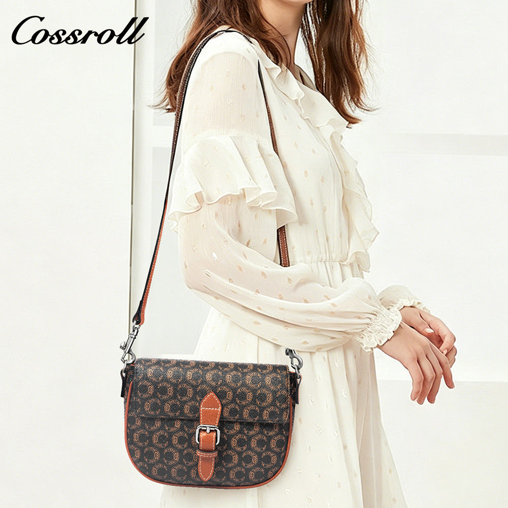 Vintage C Monogram Saddle Bag for Women, Contrast Brown Leather Buckle Flap Crossbody Shoulder Purse