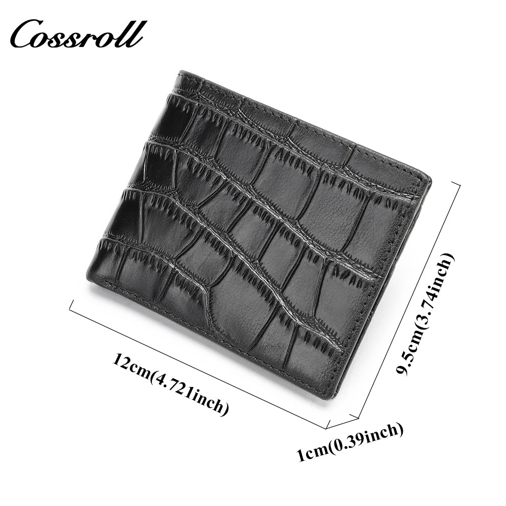 Men's short ultra-thin large capacity crocodile grain leather handmade money clip head layer cowhide