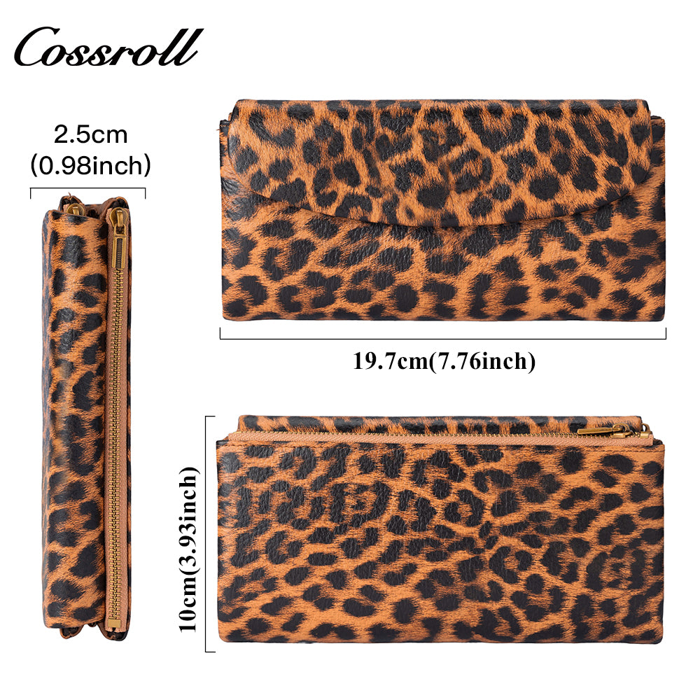 Women's Leopard Print Long Wallet with Large Capacity and Soft Leather Texture