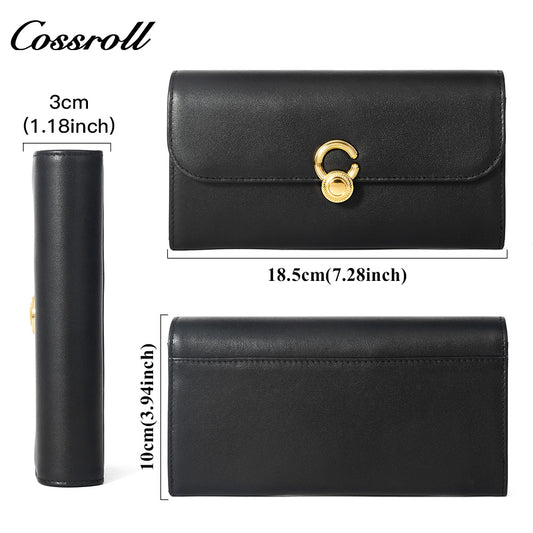Women's Minimalist Genuine Leather Long Wallet, Vintage Round Metal Hardware Turn Lock, 2-in-1 Multi-Functional Purse for Cash & Cards