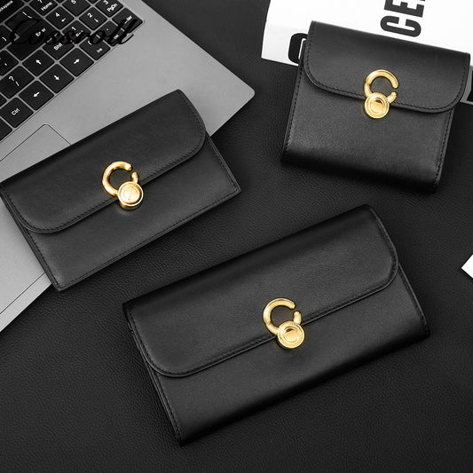 Women's Short Bifold Minimalist Genuine Leather Wallet with Vintage Gold C-Shape Turn Lock, All-in-One Compact Clutch for Multi-Slot Cards, Coins & ID Documents