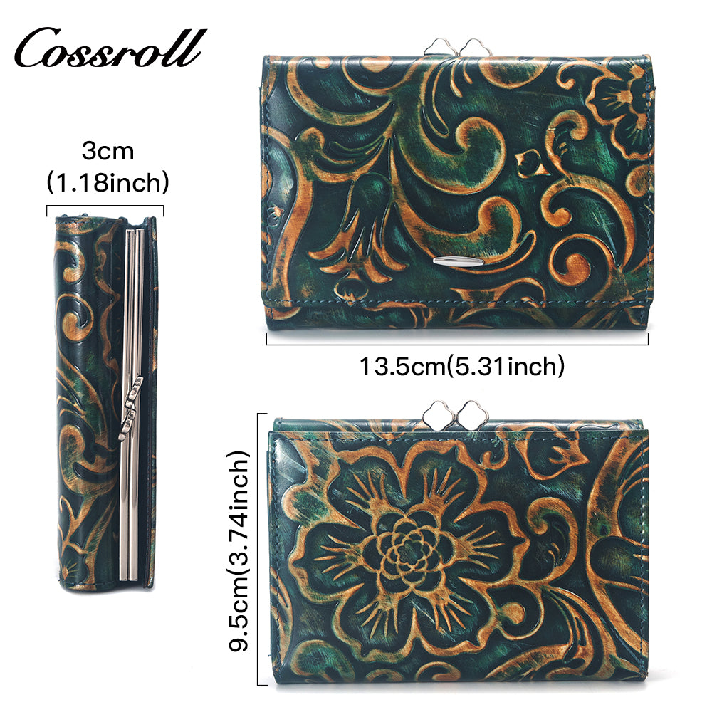 Factory custom 2023 fashion vintage pattern purse women's long and short leather purse holding large capacity wallet