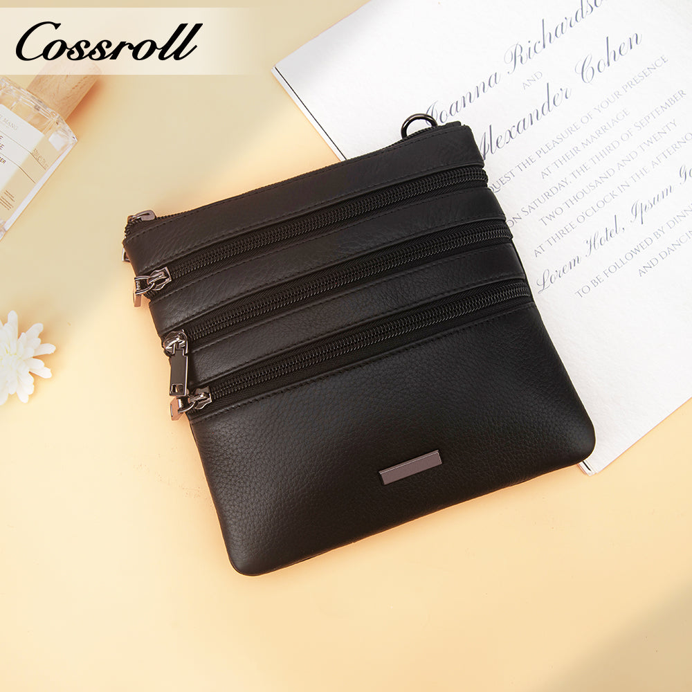 New Genuine Leather Unisex Crossbody Three Zipper MiniShoulder Bag Cowhide Personalized Small Purse