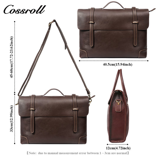 Men's Cowhide Leather Messenger Briefcase, Flap Laptop Handbag, Large Capacity Genuine Leather Shoulder & Crossbody Bag for Business & Daily Commute