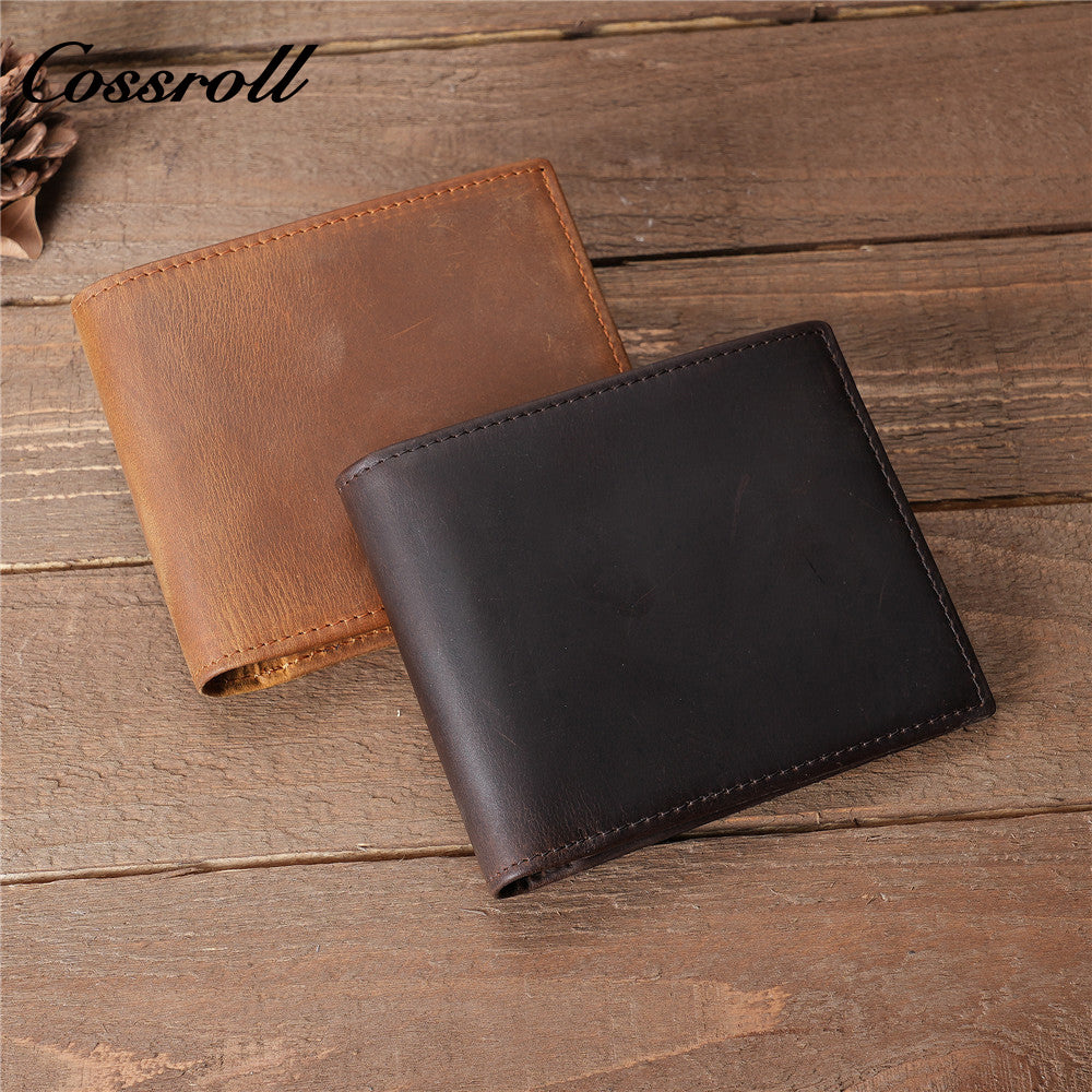 Men's Crazy Horse Leather Wallet, Top-Grain Cowhide, Tri-Fold Wallet