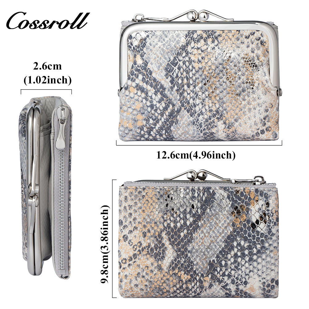 Genuine Leather Short Wallet for Women, Multi-Card Holder, First Layer Cowhide, Clutch Coin Purse with Snake Pattern