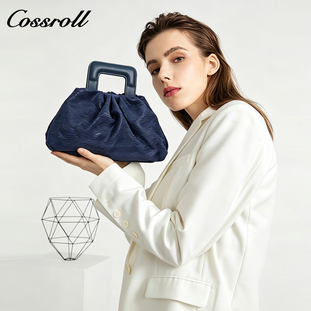 Women's Navy Wavy Textured Ruched Cloud Bag, Square Leather Handle Handbag, Minimalist Versatile Handheld Purse for Daily Commute