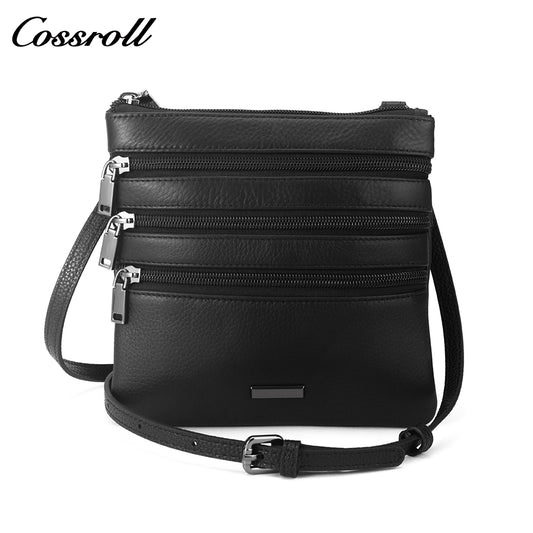 New Genuine Leather Unisex Crossbody Three Zipper MiniShoulder Bag Cowhide Personalized Small Purse