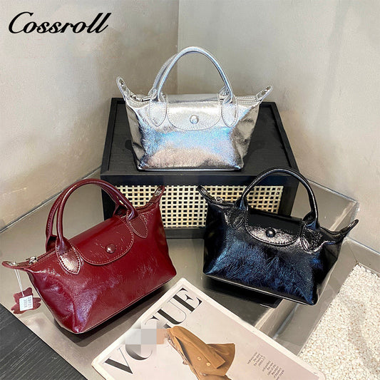 Head layer oil wax cowhide shoulder female dumpling bag ladies handheld crossbody leather bag