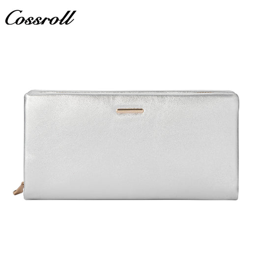 Women's genuine leather wallet, glossy leather, large-capacity double-layer stylish zippered bill wallet