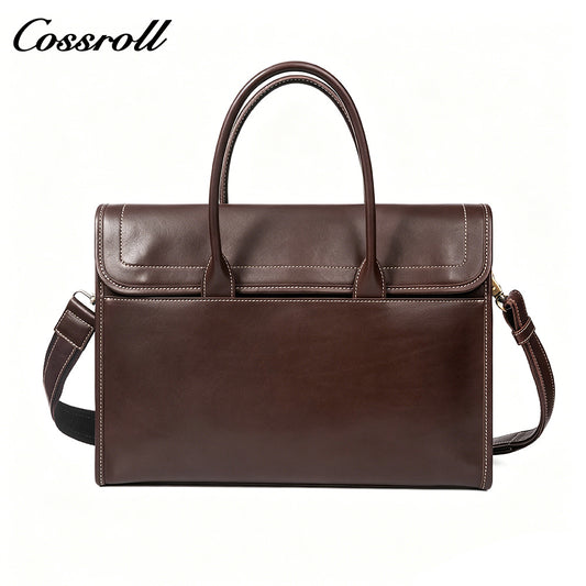 Men's Full Grain Leather Briefcase, Large Capacity Flap Laptop Handbag, Genuine Leather Business Commute Office Bag