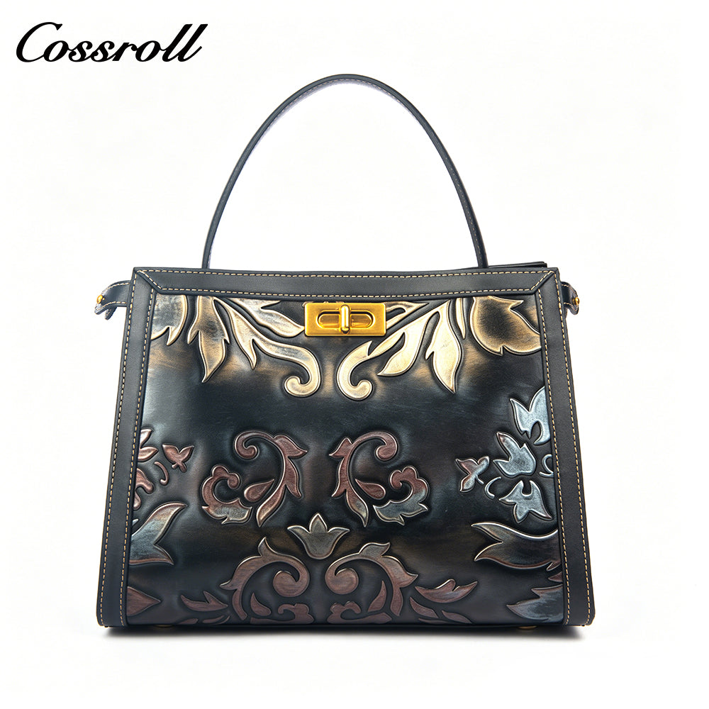 Niche Design Embossed Leather Bag, Vintage Genuine Leather Large Capacity Commuter Handbag & Crossbody Bag