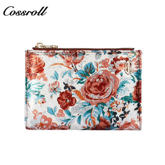 Genuine Leather Printed Chinese Style Short Women's Double Zipper Wallet Multi Card Position Coin Purse