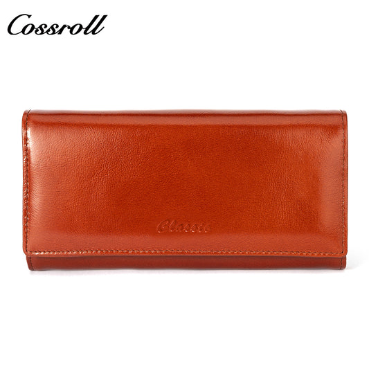 New leather women's long purse zipper wallet Large capacity waxed cowhide coin purse card wallet factory custom
