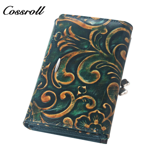 Factory custom 2023 fashion vintage pattern purse women's long and short leather purse holding large capacity wallet