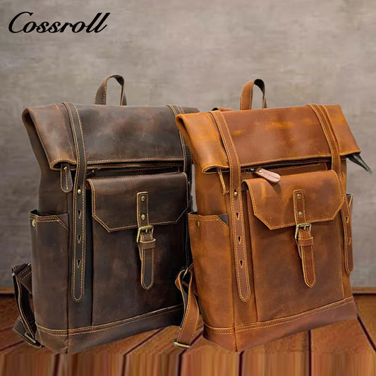 Vintage Crazy Horse Leather Backpack for Men, Genuine Leather Large Capacity Travel Backpack