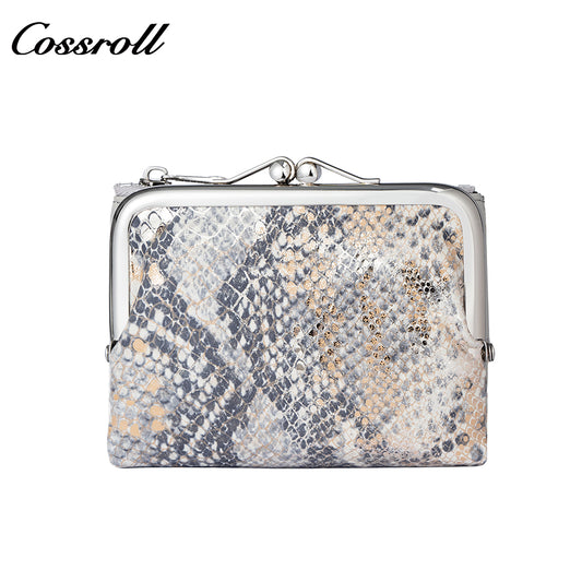 Genuine Leather Short Wallet for Women, Multi-Card Holder, First Layer Cowhide, Clutch Coin Purse with Snake Pattern