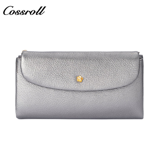 Women's genuine leather wallet, gold floral decoration, long tri-fold vintage glossy design, large capacity with multiple card slots and bill compartments