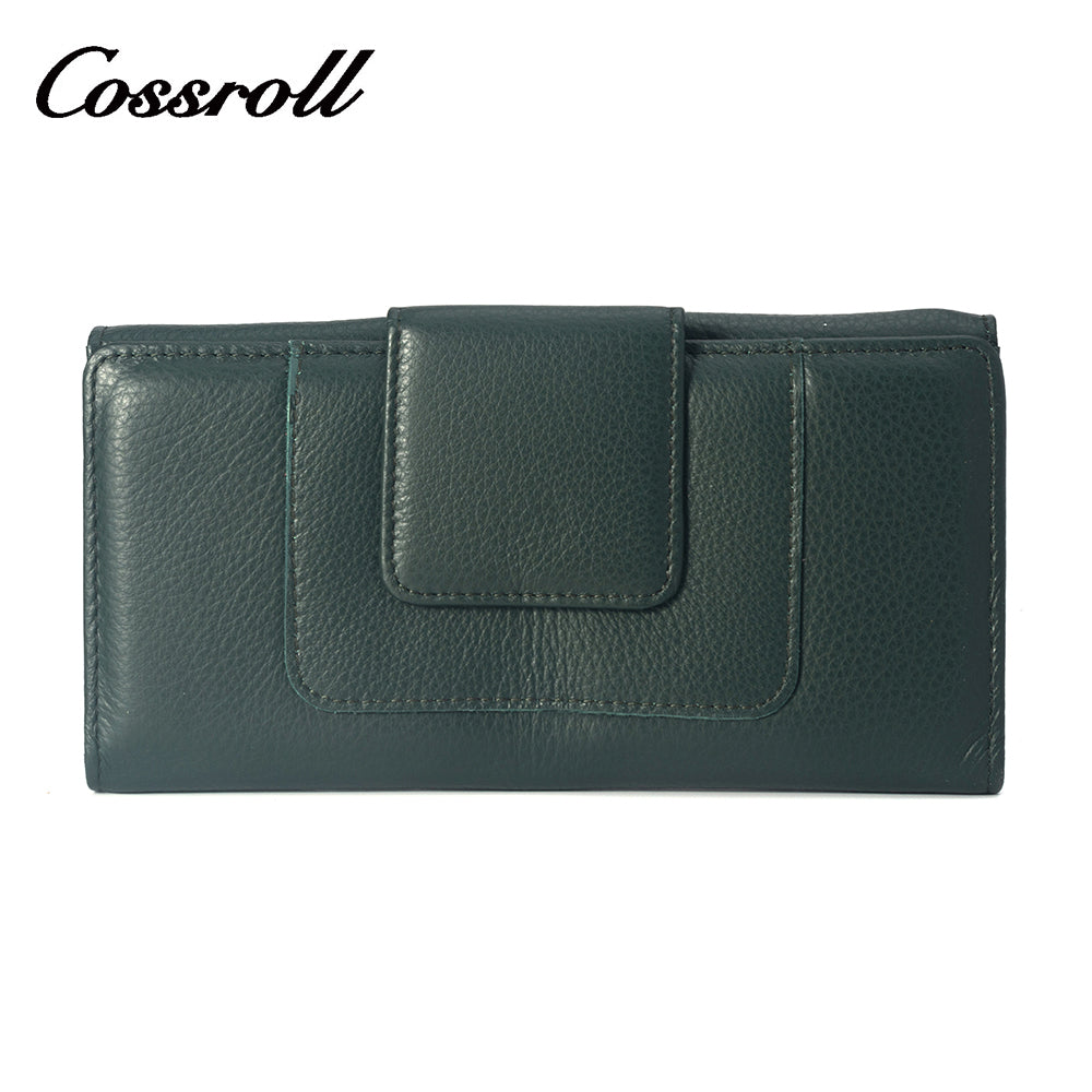 Green long multi-window zipped leather wallet