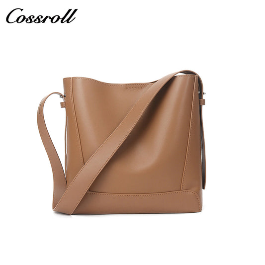 Head layer cowhide bucket bag shoulder bag simple fashion pure color commuter bag