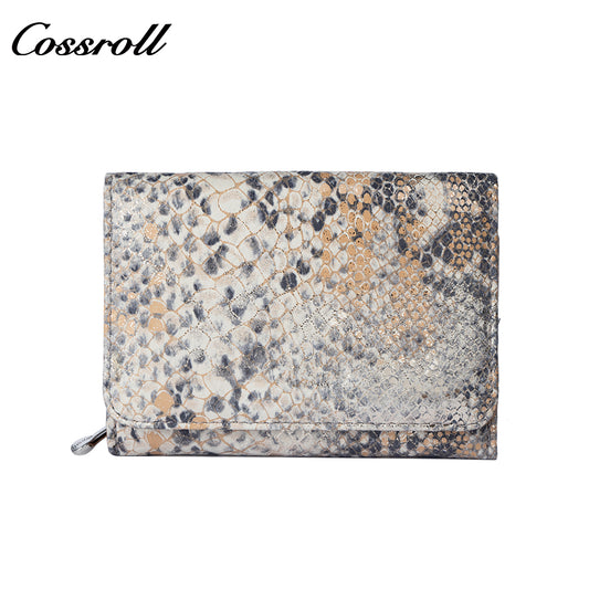 Genuine Leather Women's Short Wallet, Cross-Border Snake Pattern, Multi-Card Zipper Coin Purse