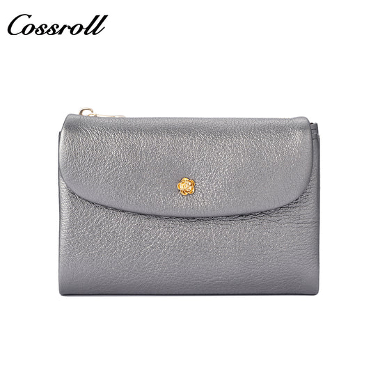 Cossroll women's cross-border genuine leather wallet, with gold floral decoration, retro glossy large capacity