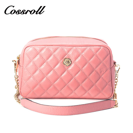 Textured Pink Messenger Bag Embroidered Pattern Classic Leather Handbag
