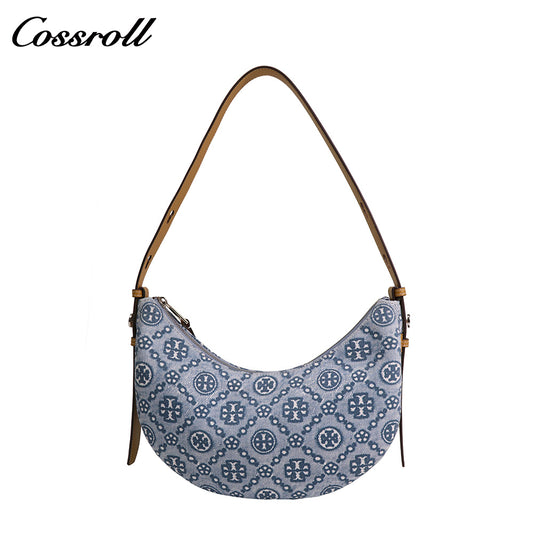Women's Vintage All-Over Jacquard Crescent Underarm Bag, Denim Print Shoulder Bag with Adjustable Strap, Monogram Casual Mini Handbag for Daily Commute