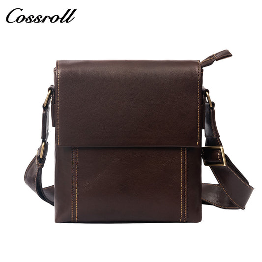 Vintage Cowhide Flap Shoulder Bag for Men, Genuine Leather Phone Crossbody Bag with Adjustable Strap for Work Commute
