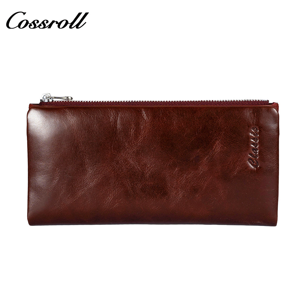 Factory Customized Women's Long Zipper Wallet Oiled Leather Money Wallet Vintage Dollar Clip
