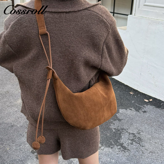 Cowhide Underarm Women's Crossbody Bag, High-End Fashion Suede Tote Bag