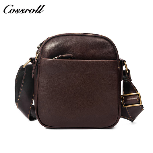 Men's Full Grain Leather Crossbody Bag, Multi-compartment Zipper Genuine Leather Shoulder Bag, Casual Everyday Carry Sling Bag