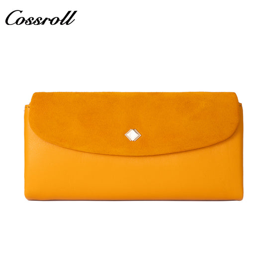 Women's long wallet with multiple card slots, zipper, double-layer bill compartment, and coin purse in suede finish